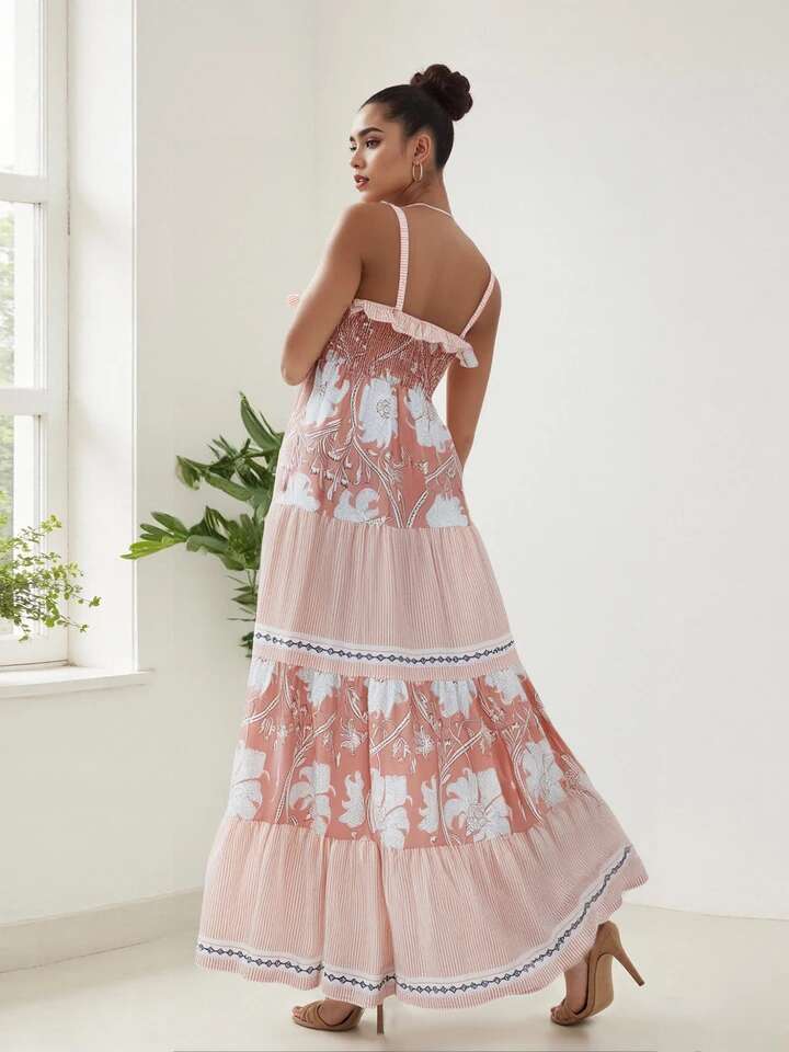 Elegant Floral Print Spaghetti Strap Maxi Dress with Backless Design Womens Summer Beach Swing Dress for a Stylish Look