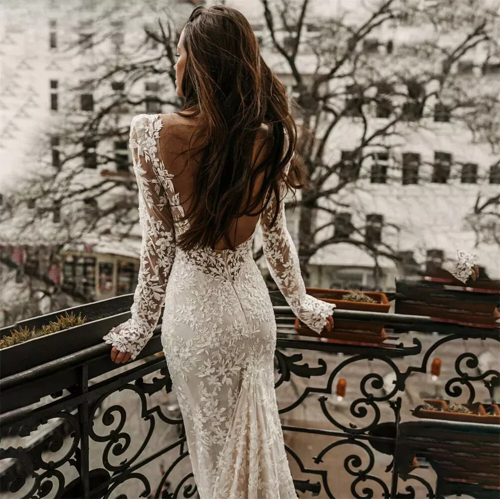 Lace Mermaid Wedding Dresses Long Sleeve Backless Bohemian Bridal Gown 2025 Elegant Beach Bride Wear Custom Made