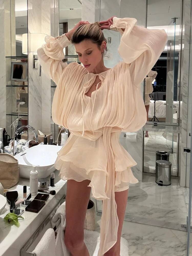 Fashion Women's Ruffles Short Dress Elegant Round Neck Lace Up Lantern Long Sleeve Mini Vestido Chic Female 2025 Solid Dresses