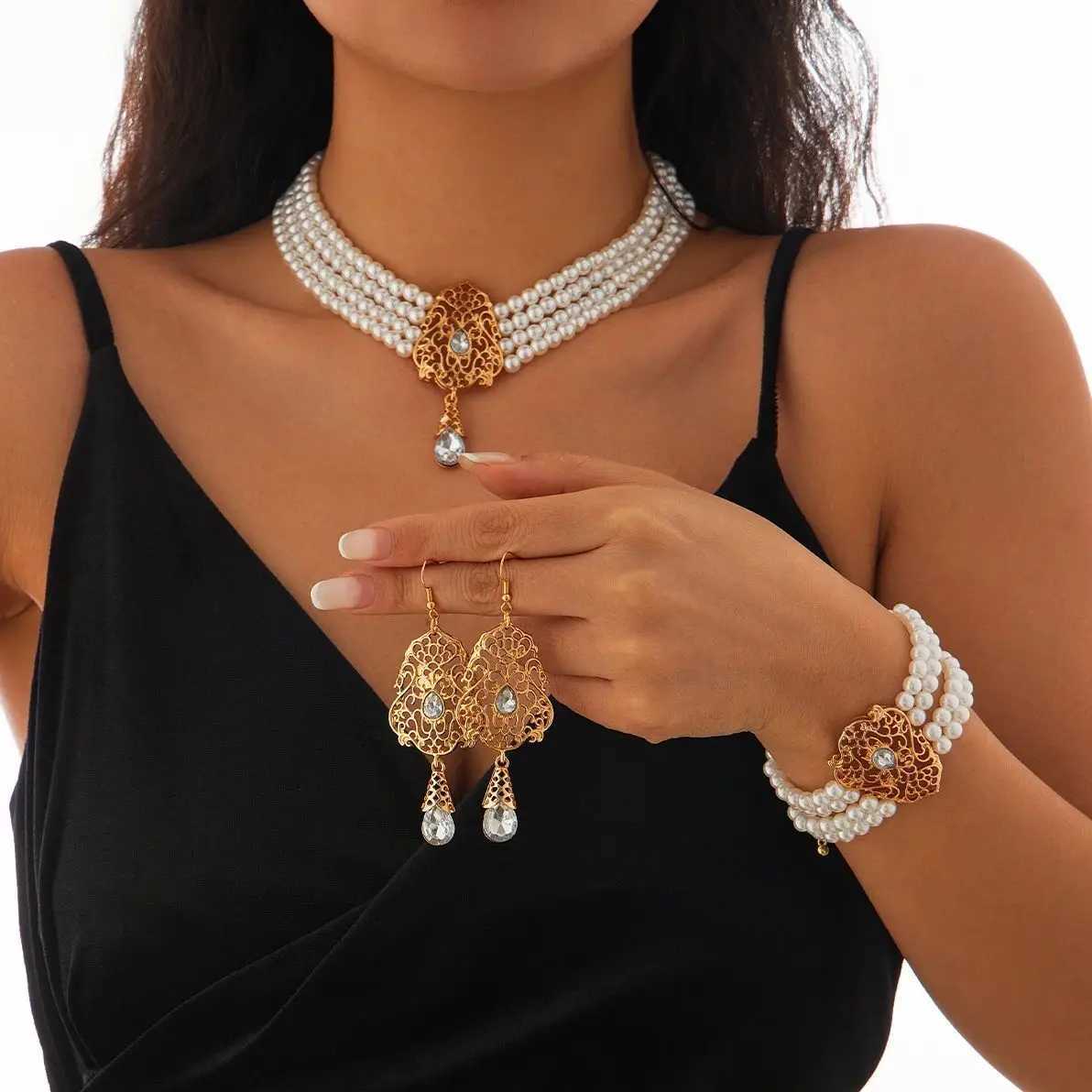 SHIXIN Luxury Multilayer Imitation Pearl Necklace Earring Women Water Drop Green Rhinestone Choker Wedding Jewelry Set Z250607