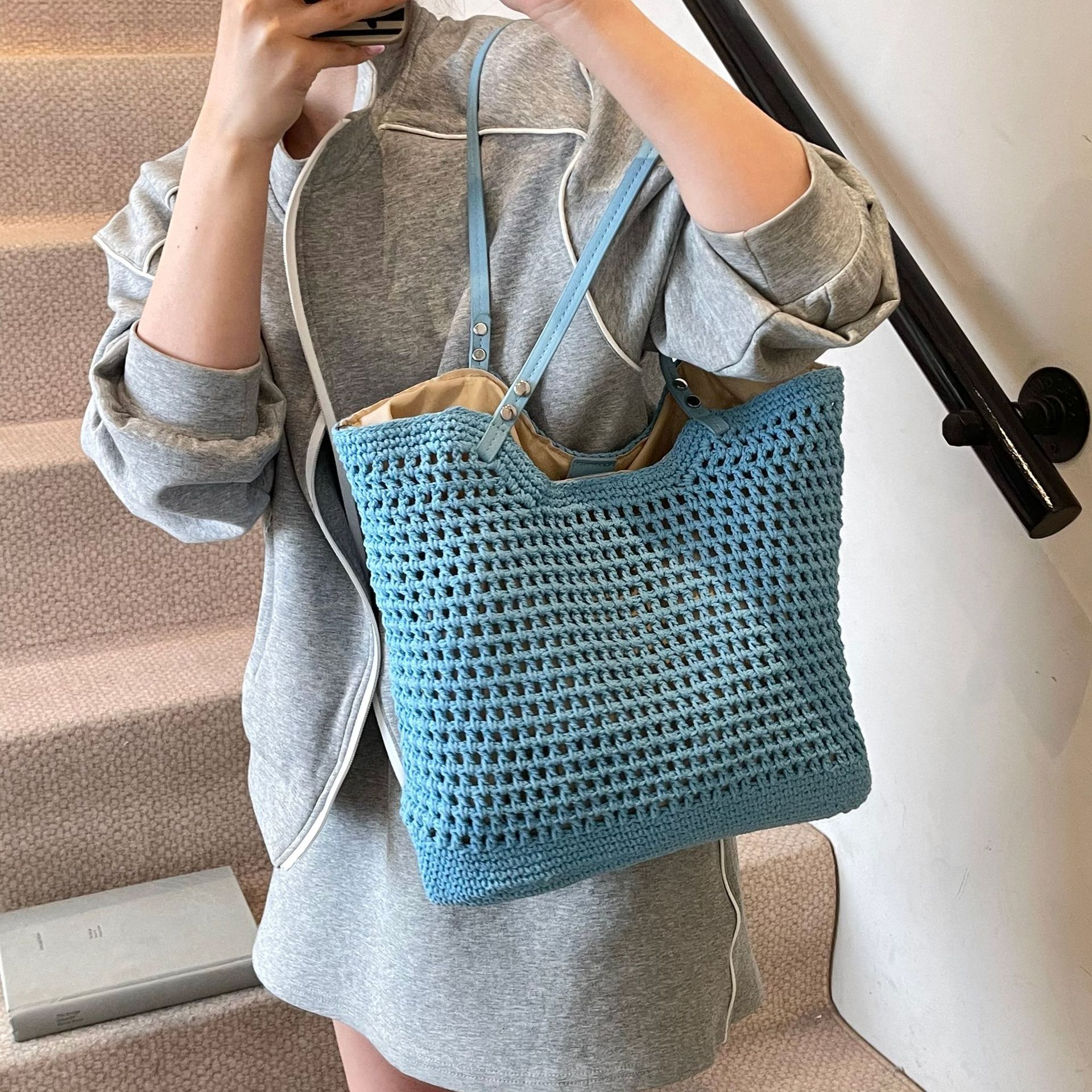 designer Casual Hollow Out Single Shoulder Cotton Woven Bag New Lazy Style Handheld Straw Bag Beach Vacation Beach Bag Women's Bag