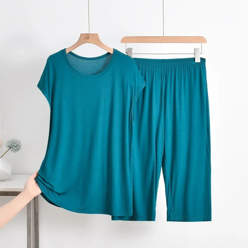 Plus Size Loose Modal Set Women Summer Short Sleeve Top Seven Pants Thin Home Clothes Sleepwear plus Fat MM 200 Pounds 250603