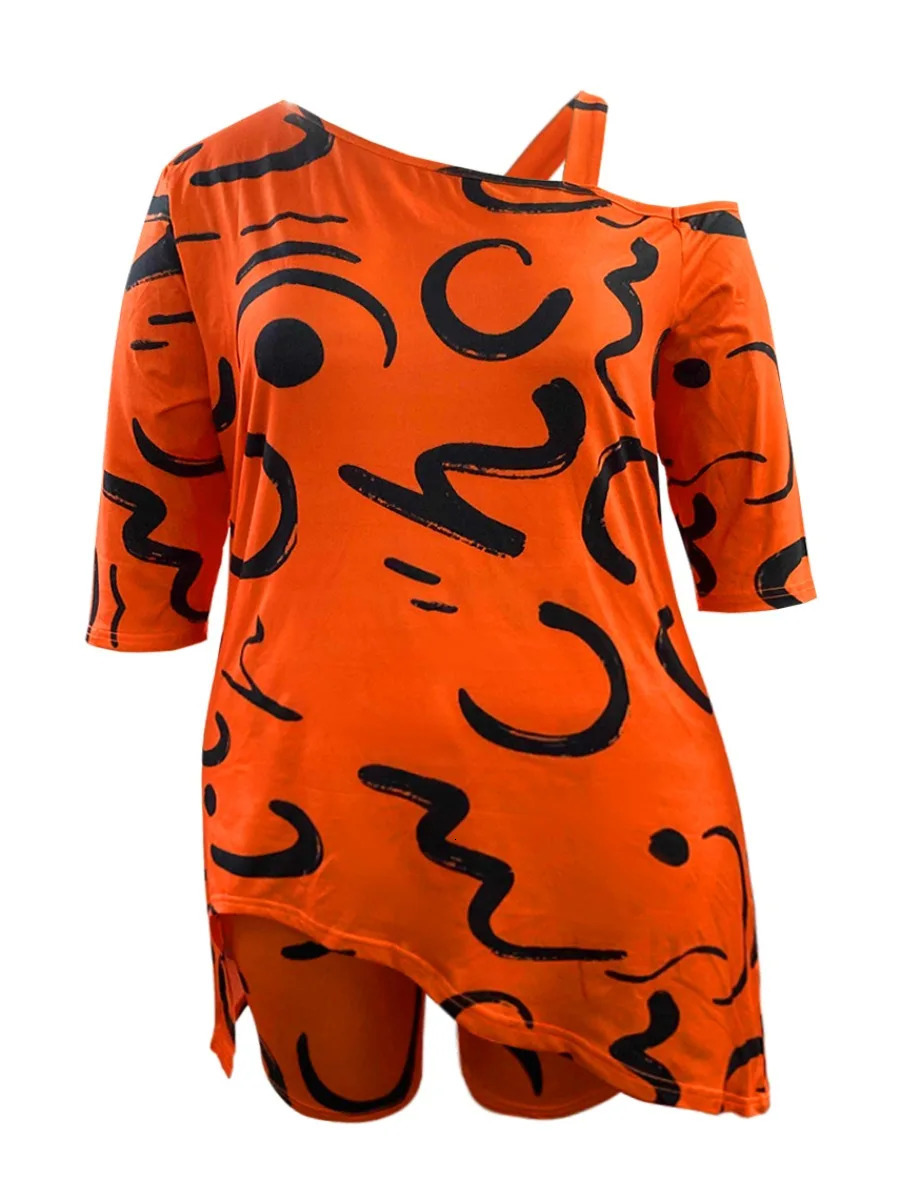 LW Womens Casual Loose Short Sleeved Twopiece Set Plus Size womens clothing One Shoulder Asymmetrical Shorts 250603