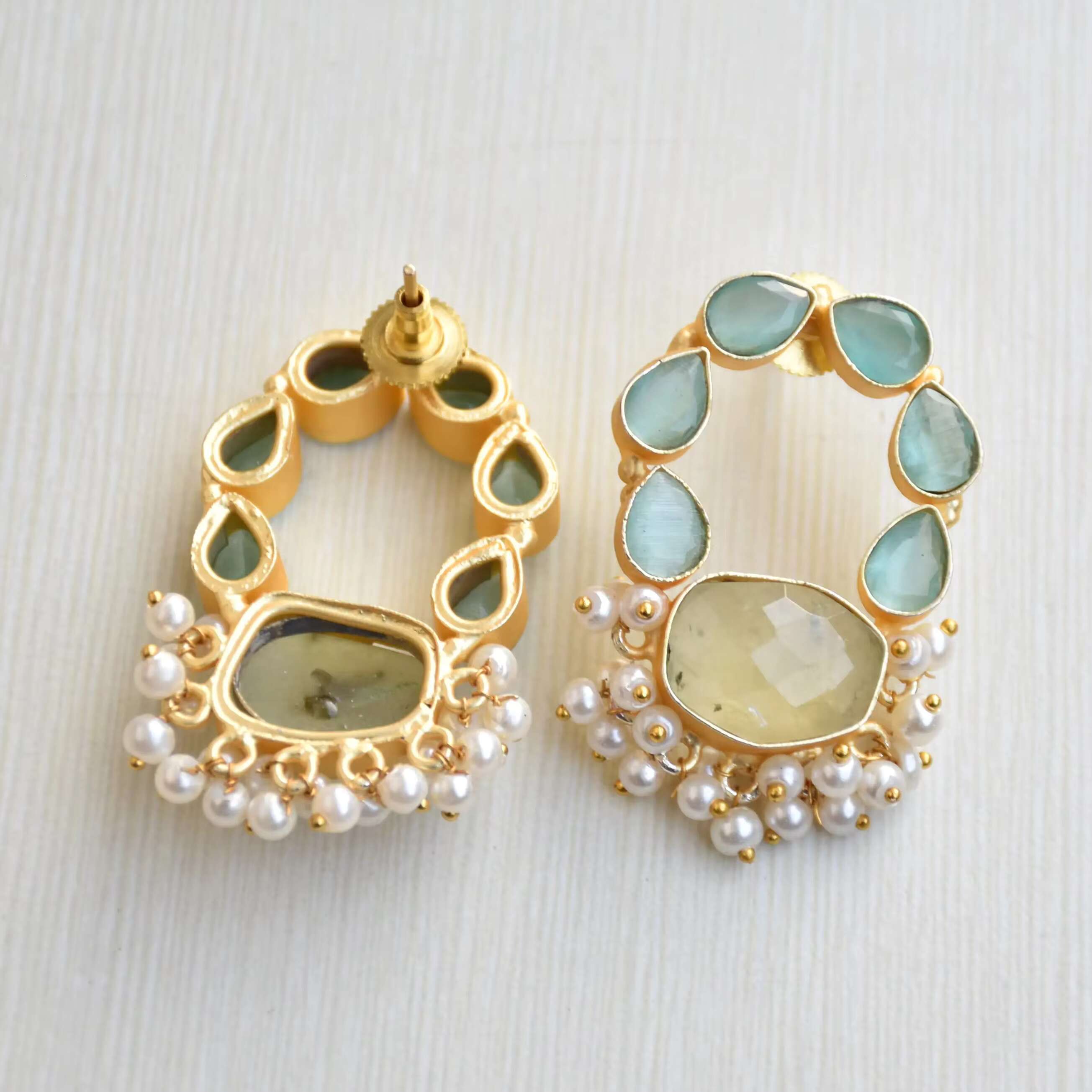 Handmade Womens Trendy Earrings Gold Plated Brass Jewelry With Semi-Precious Stones Natural Crystal Unique Stud Earrings Design