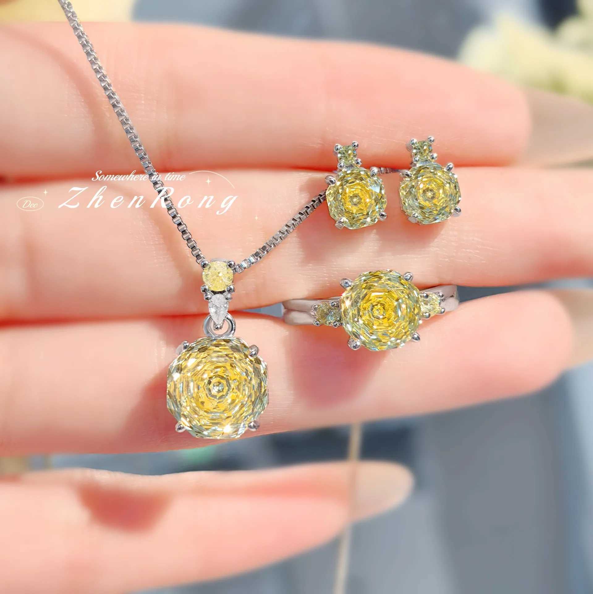 New Rose Cut Dream Color Zircon Crystal Pendant Necklaces Stud Earrings Rings For Women Fashion Luxury Female Jewelry Sets Z250607