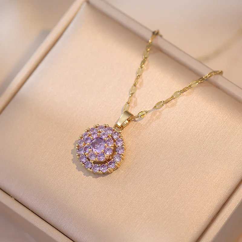 Bridal Jewelry Sets Rotating Purple Zircon Round Stud Earrings Ring Pendant Gold Color Chains Necklaces For Women Engagement Set Z250607