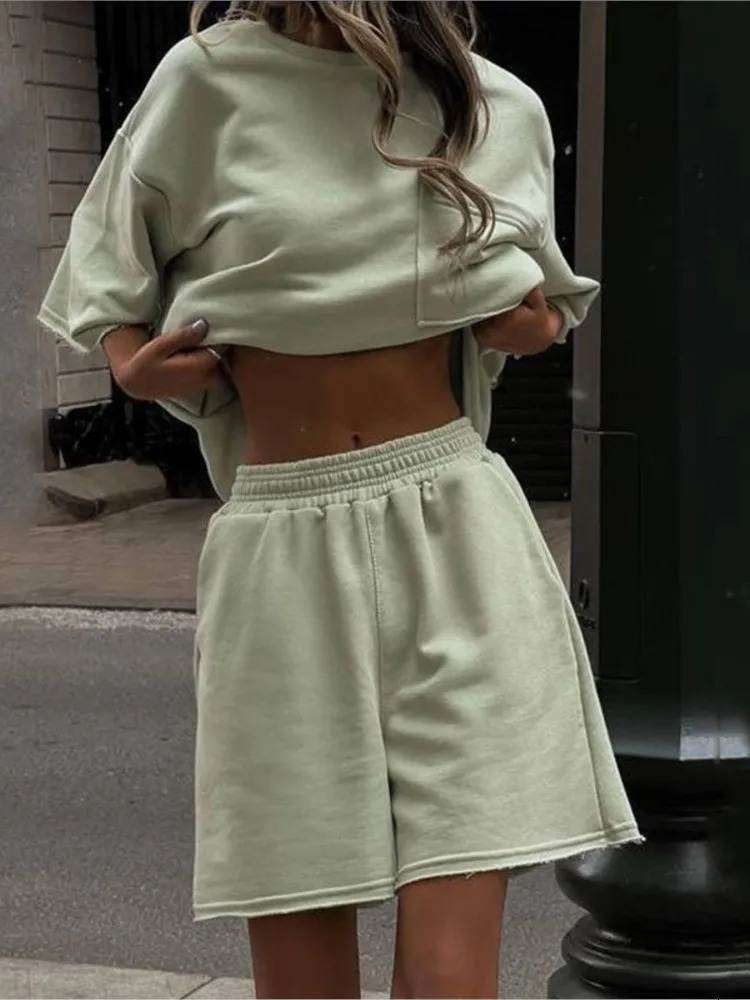 Casual Simple Short Style Sports Two Piece Set Women Solid Color Loose Half Sleeves T Shirt Shorts 2 Piece Sets Lady Streetwear 250605