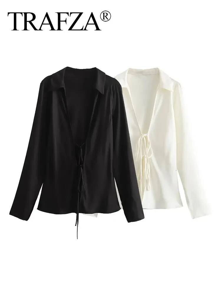 TRAFZA Women's Elegant Satin Lapel Blouses New Fashion Long Sleeve Bow Lace-Up Shirt Female Casual Slim V-Neck Tops Streetwear