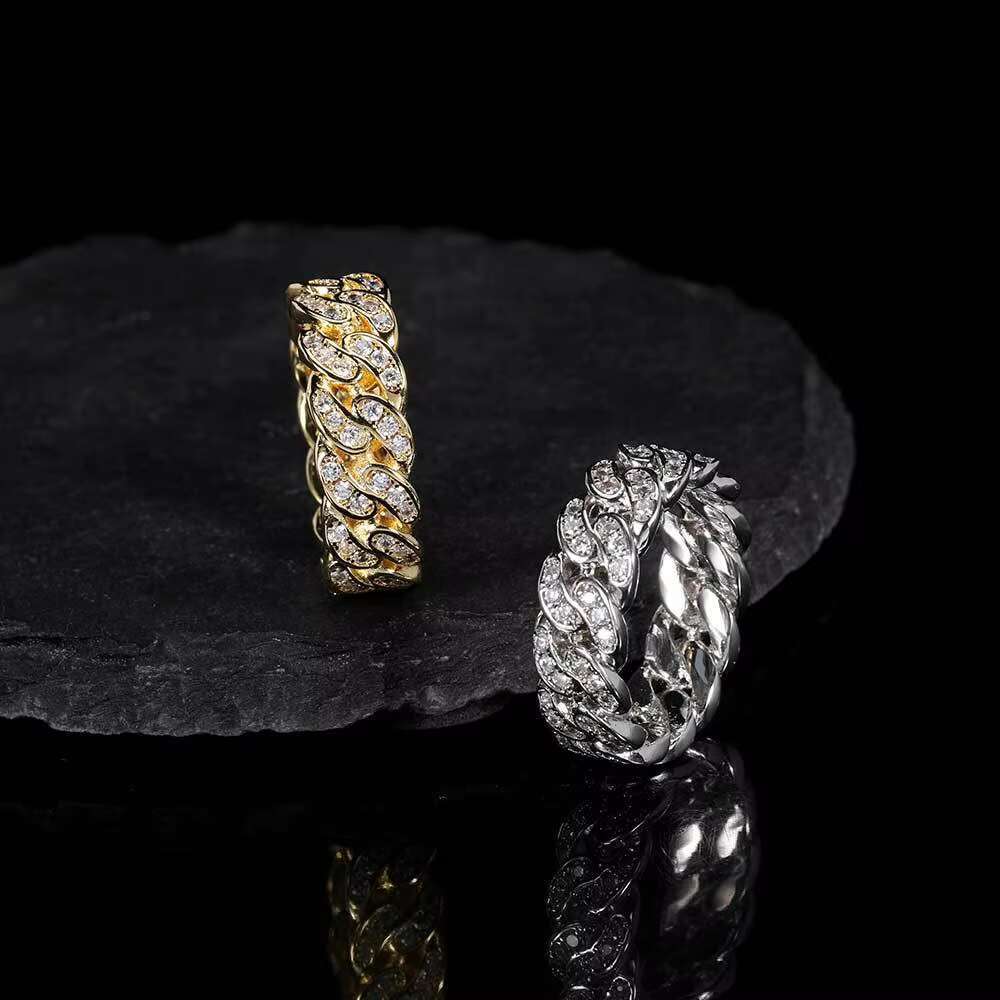 Ganku Sales 8mm Single Row Moissanite Cuban Ring; Popular Hip Hop 18K Gold Men's Ring Wholesale Fashion