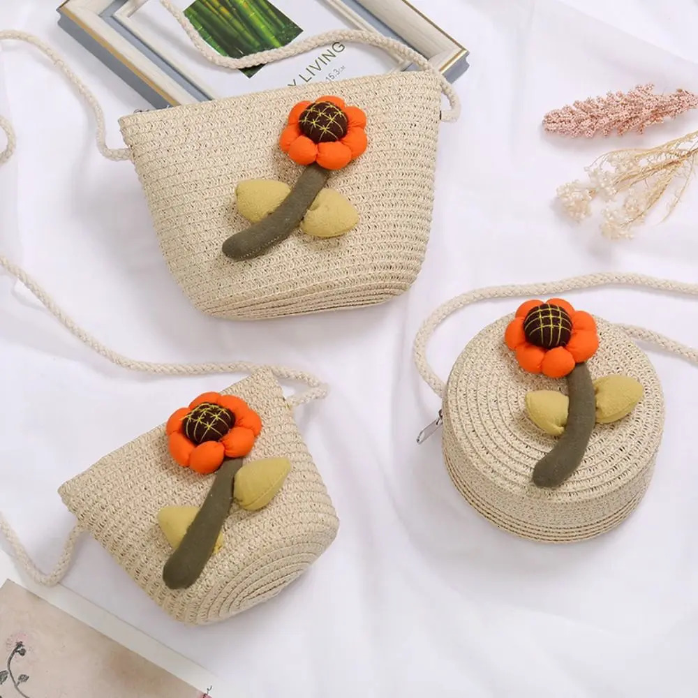 Cute Straw Shoulder Bags Flower Mini Coin Purse Handbags for Kids Girls 250605