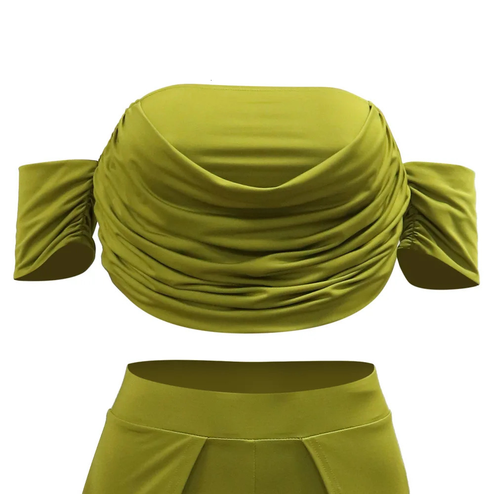 CM.YAYA Womens Set Short Sleeve Slash Neck Ruched Tops and Wide Leg split Pants Street Two 2 Piece Sets Outfit Tracksuits 250605