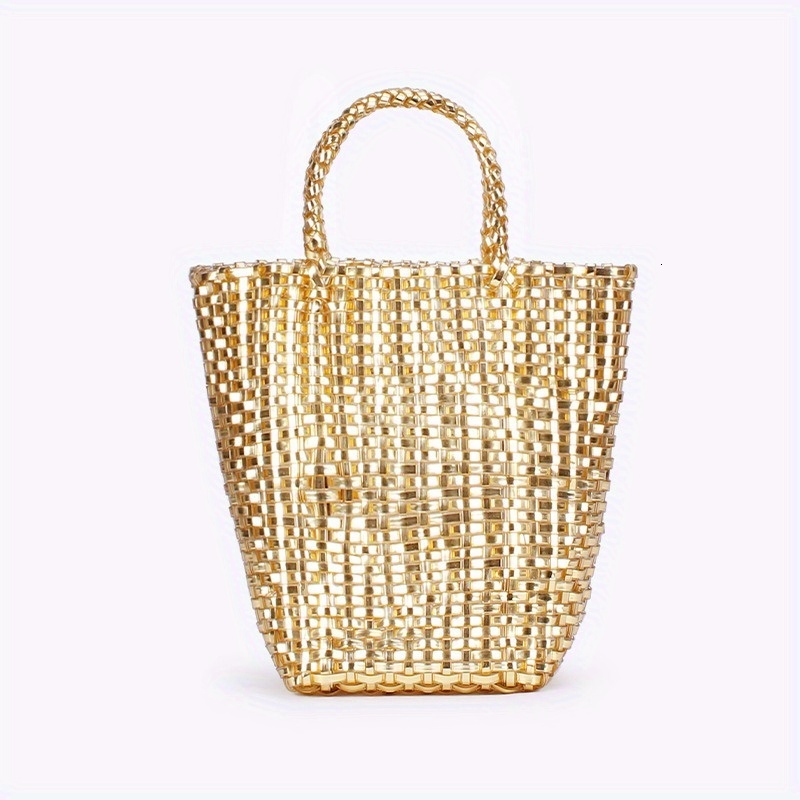 Luxury Brand Designer Bag Handwoven PVC Beach Tote Bag For Women - Golden Woven Texture Open Top Coastal Vacation Handbag, Lightweight & Durable Casua