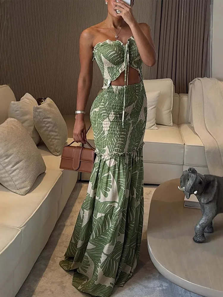 Hollow Out Printed Halter Long Dress Women Backless Off Shoulder Patchwork Ruffle Summer 2025 Dresses Party Vacation Chic Robe 250605