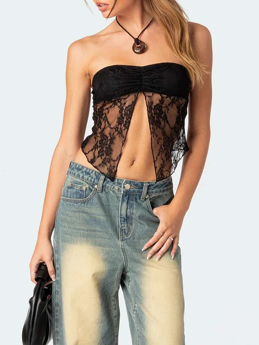 Vintage Lace Bandeau Top Womensummer Strapless Cropped Tube Shirt Backless Camisole for Retro Streetwear Fashionistas