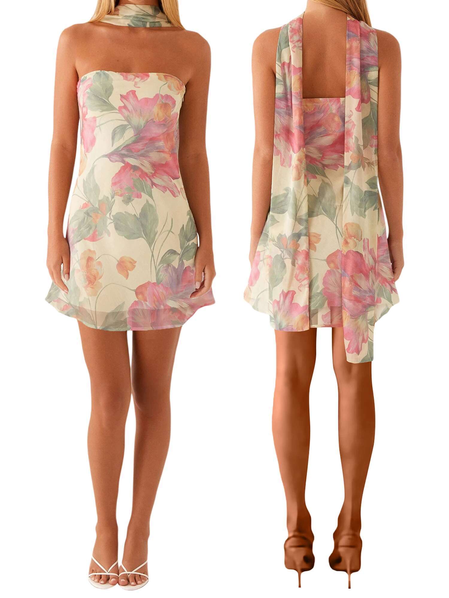 Womensexy V-neck Lace Bodycon Dress Sleeveless Backless Floral Print Fit Party Mini Dress with Belt