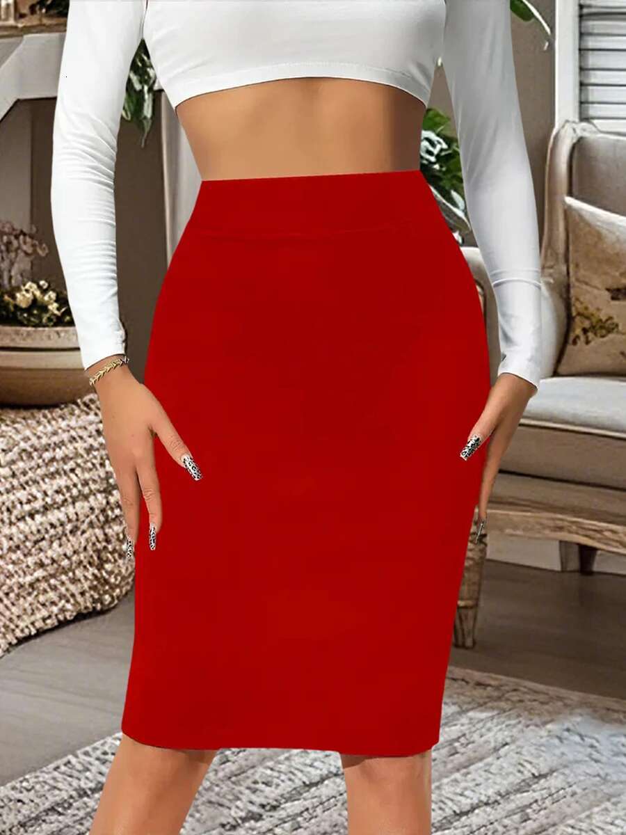 Womens Elegant High Waist Bodycon Midi Skirt in Solid Color Fit Pencil Skirt for a Sophisticated Look