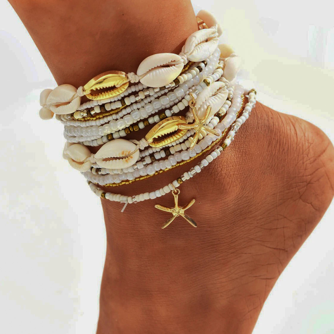 Summer Beach Starfish Shell Beaded Pendant Anklet for Women Boho Retro Trend Multilayer Foot Jewelry Holiday Accessory 2025 250528