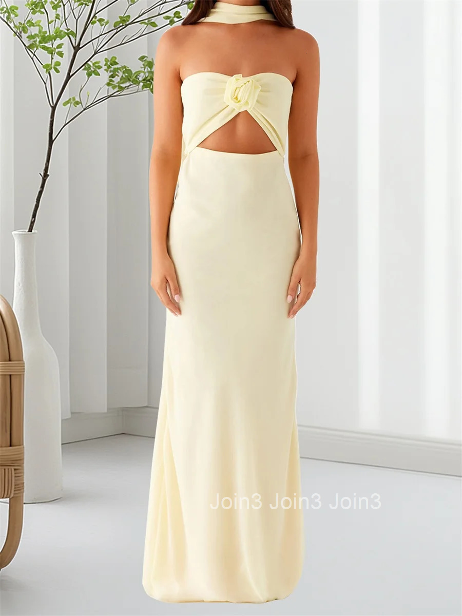 Womens Floral Print Bandeau Dress with Front Cutout and Matching Scarf - Sleeveless Off Shoulder Tube Top Summer Maxi Dress