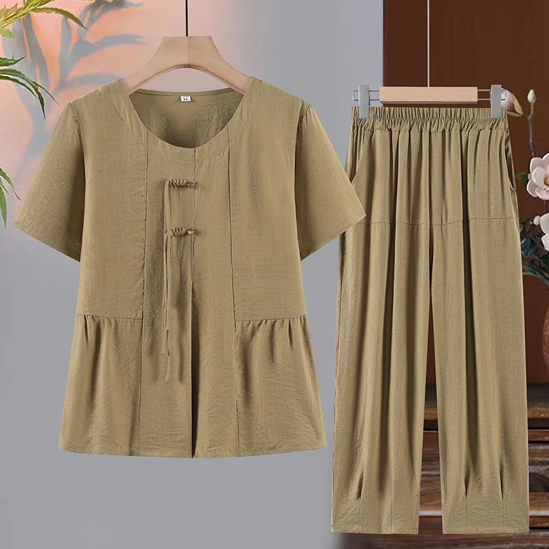Two Piece Set Tshirtlong Pants Summer Suit 2024 Womens Plus Size Fashion Casual Short Sleeved Classic woven buckle Clothing 250603