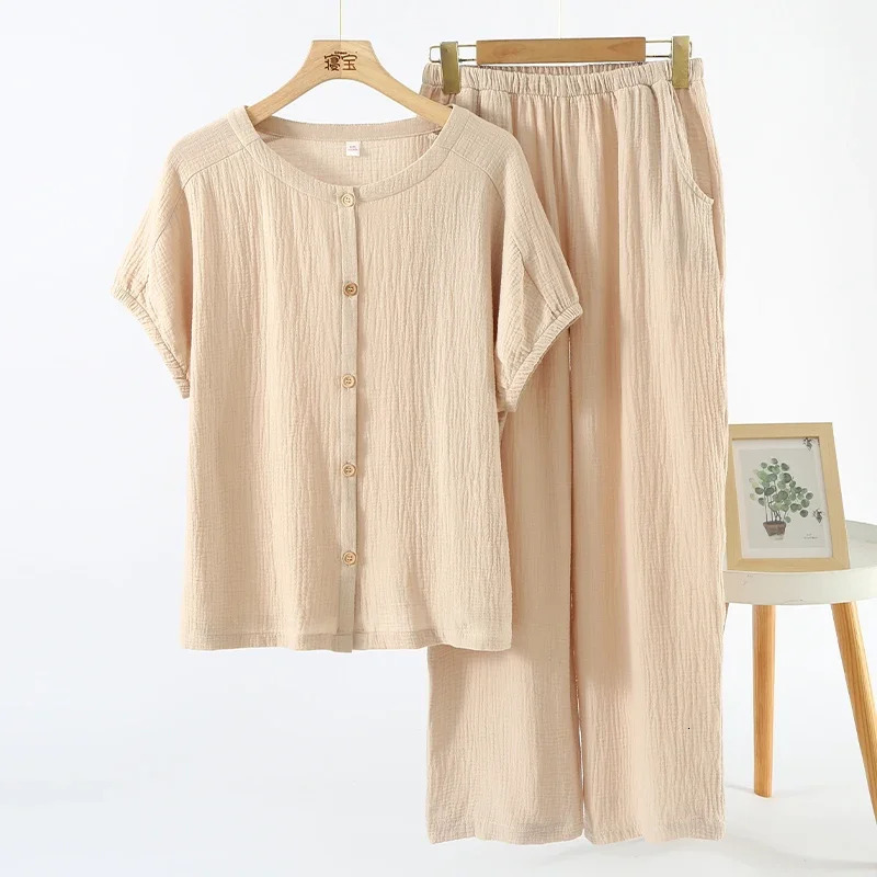 Muslin 100% Cotton Gauze 2 Piece Sets Womens Outfits Button Up Short Sleeve Tees Long Trouser Sets Comfortable Tracksuit 250605