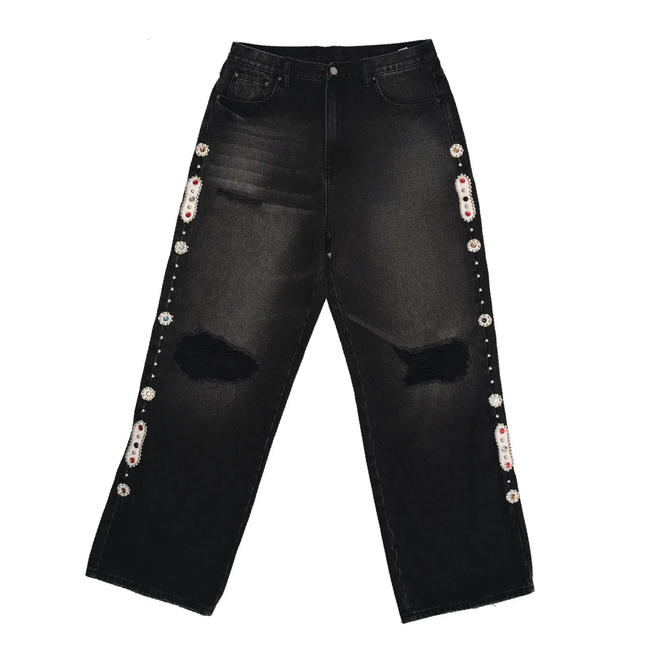 Punk Vintage Rhinestone Embellished Black Jeans Y2k American Style Streetwear Baggy Wide Leg Jeans Men Women Ripped Denim Pants 250603