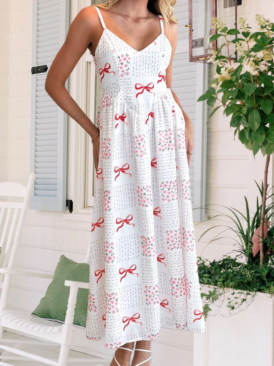 Elegant Sleeveless Lace V-neck A-line Evening Gown with Bow Detail and Floral Embroidery for Formal Events and Weddings