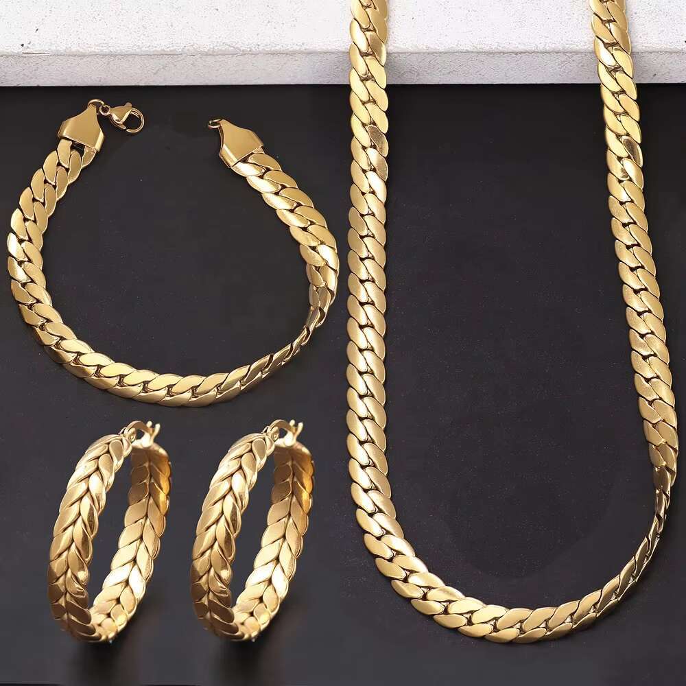 Wholesale 3 Piece Fashion Jewelry Set 18K Gold Plated Stainless Steel Flat Cuban Chain Necklace Bracelet Earrings Sets for Women