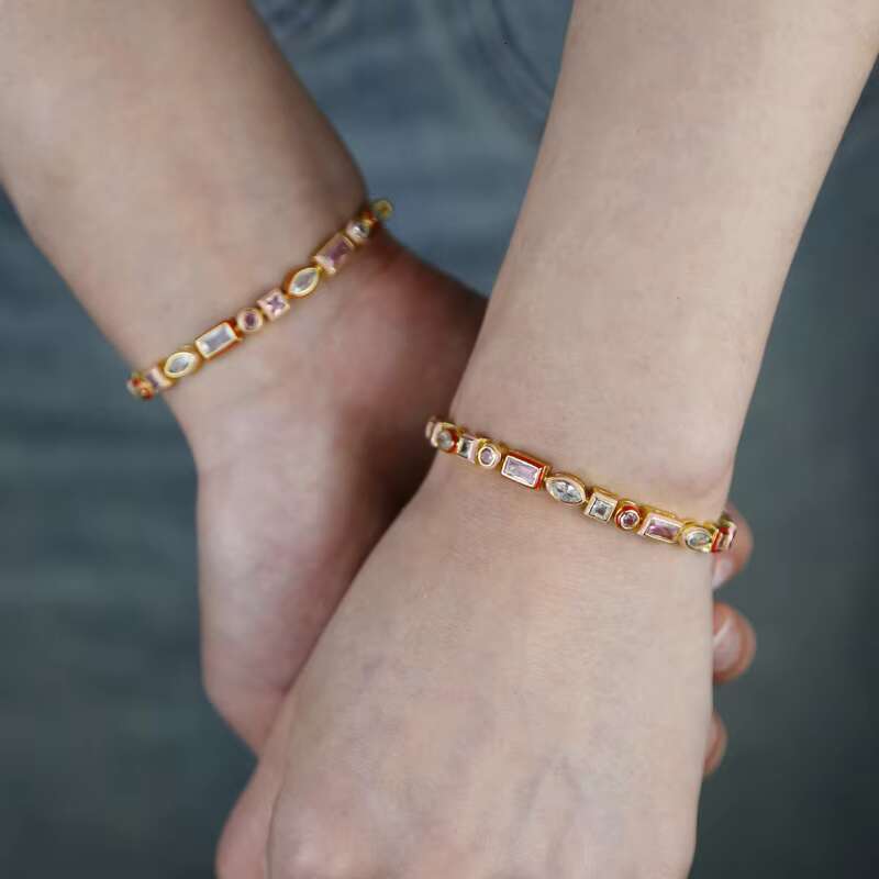 2025 best-selling rectangular colorful oil drop tennis chain; hip-hop bracelet necklace; moissanite diamond jewelry set.