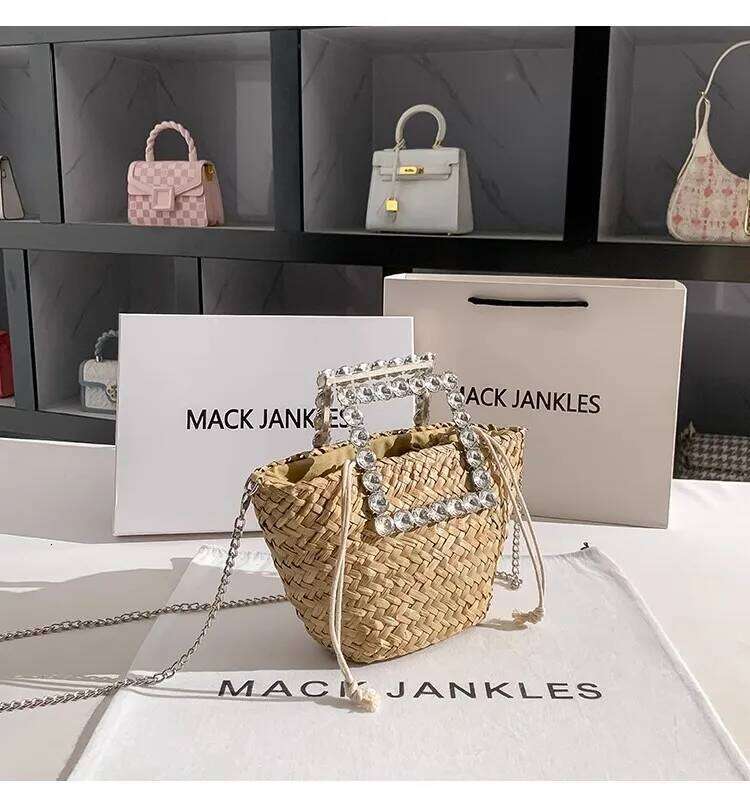 Straw Woven Handmade Bucket Crystal Dia Metal Handheld Women Handbag Lady Purse Shoulder Crossbody Holiday Beach Bag