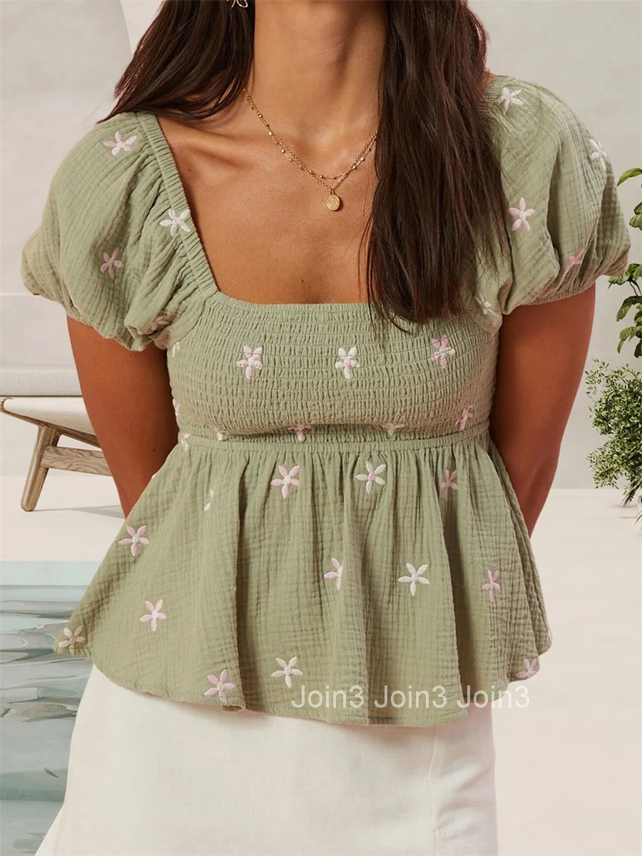 Womens Short Sleeve Floral Embroidered Square Neck Blouse Casual Summer Top for Streetwear Fashionistas