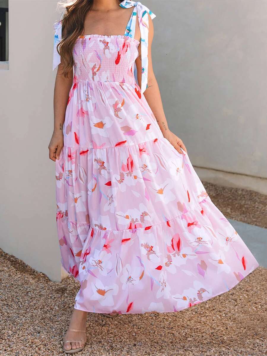 Womens Boho V-neck Maxi Dress with Ruffle Hem and Adjustable Spaghetti Straps for Summer Beach Wedding Party Casual Wear