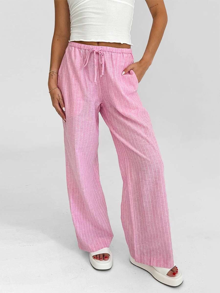 Womens Striped Loose Fit Pants with Drawstring Waist and Elastic Cuffs Lightweight Spring Fall Casual Trousers for Comfort