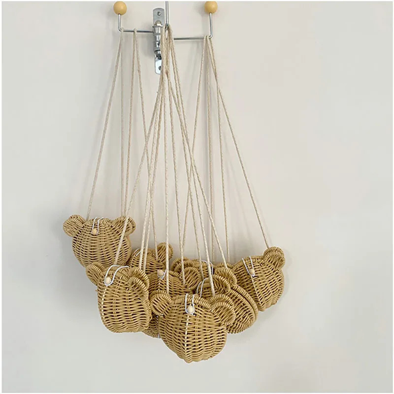 Korean Style Children Cute Single Shoulder Crossbody Bag Girls Messenger Kids Rattan Weaving Bear Head Bag 250605