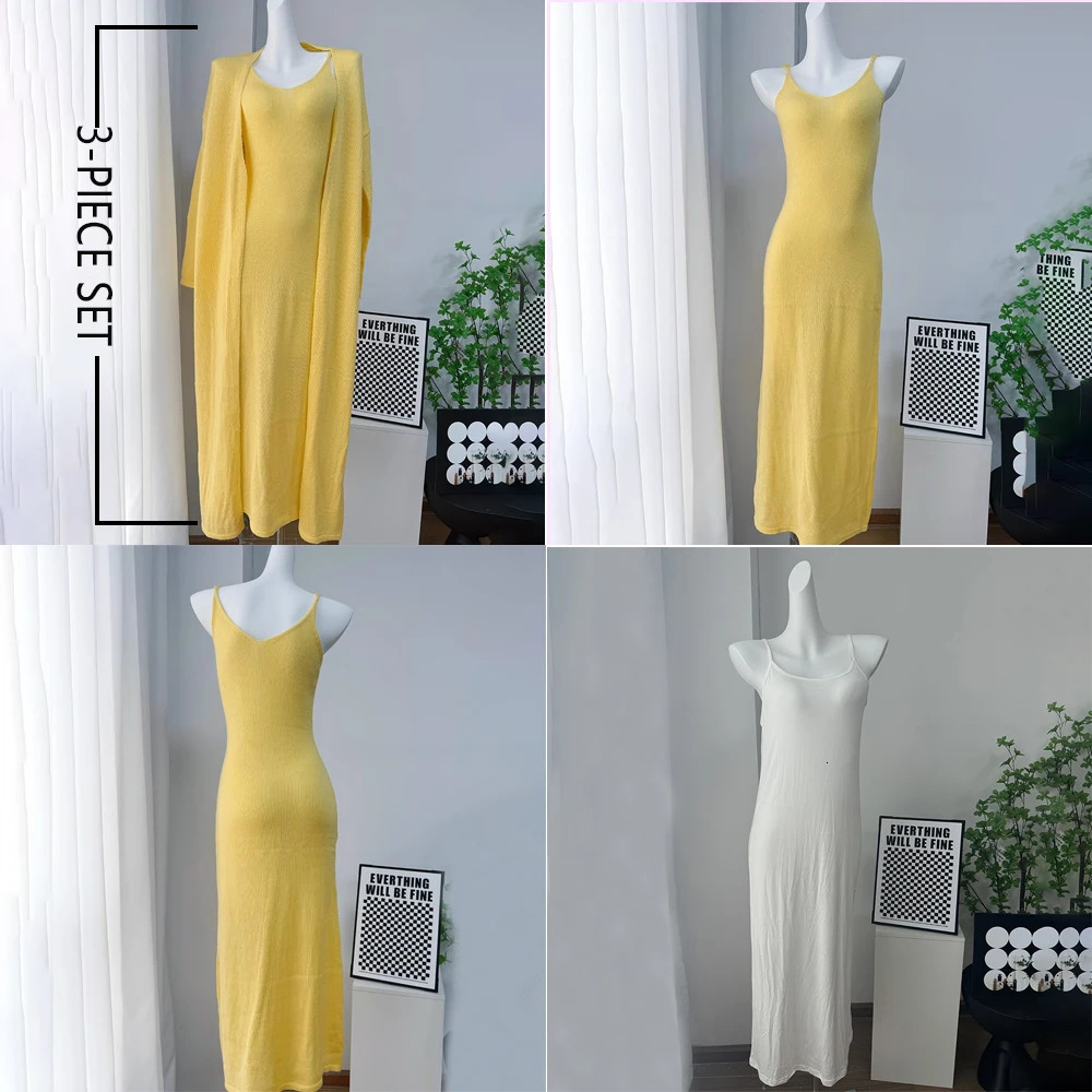 Tuularose Womens Long Dress 3 Piece Solid Knitted Camisole Dress Long Sleeve Cardigan Set Casual Fashion Womens Dress Sets 250605