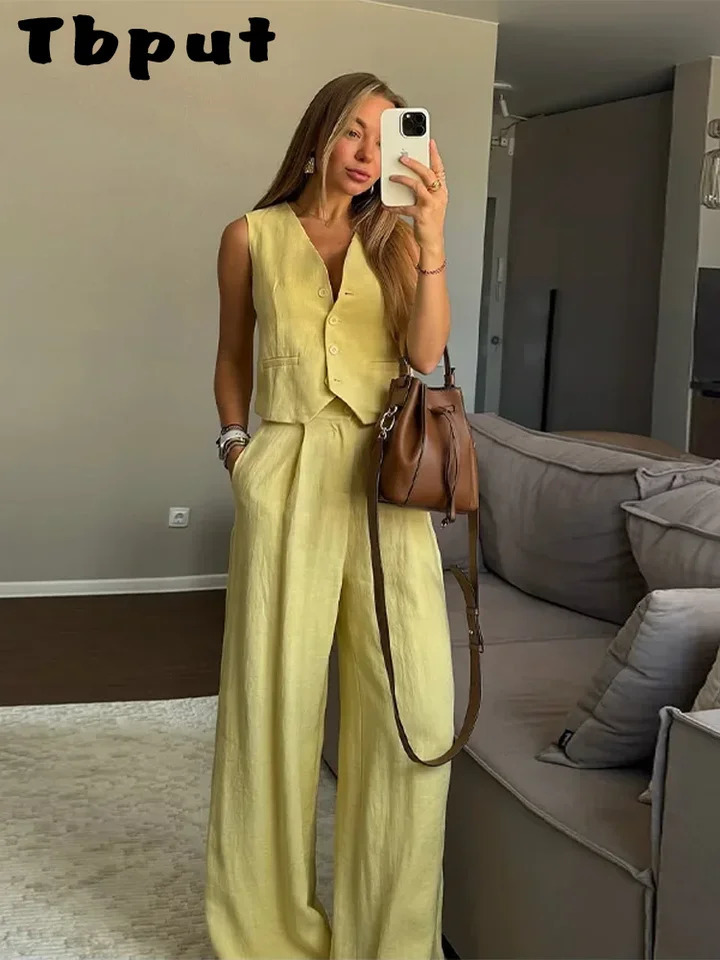 Fashion Womens Vest Trouser Suits Sleeveless Button Wide Leg Pant Lady Set 2025 Spring Summer Casual 2 Pieces Set Women 250605