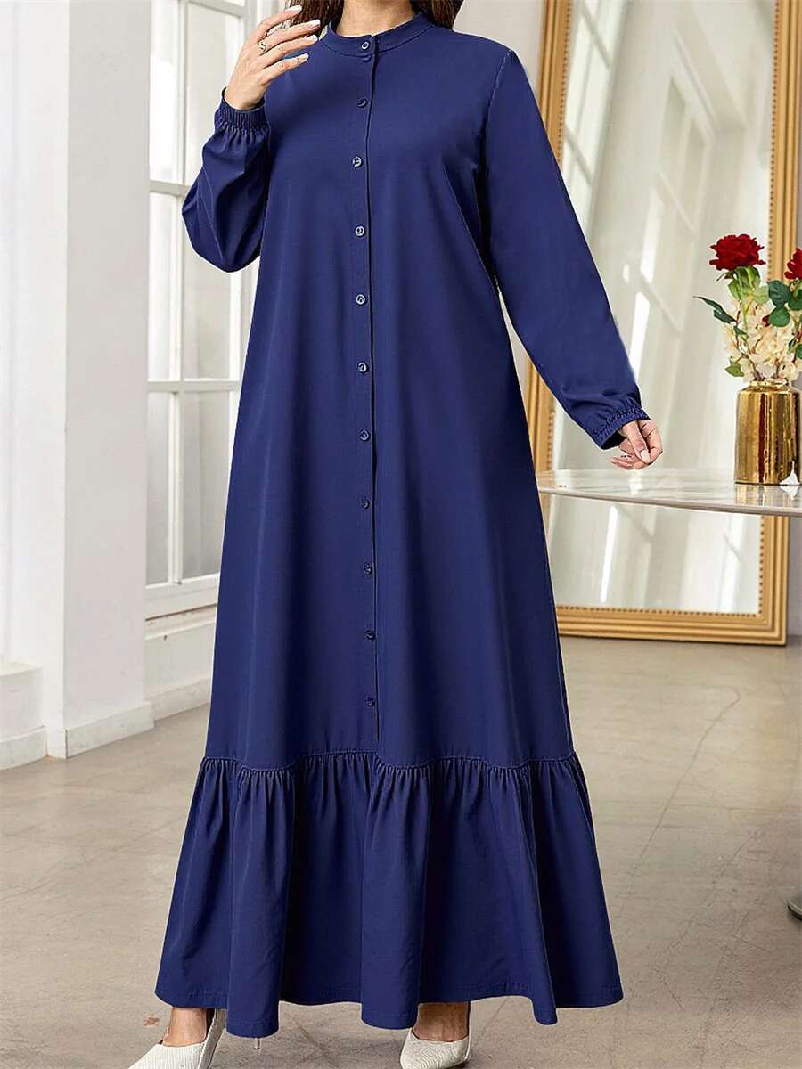Middle Eastern Style Womens Long Dress with Solid Color and Loose Fit Design Featuring Button Down Front Crew Neck and Long
