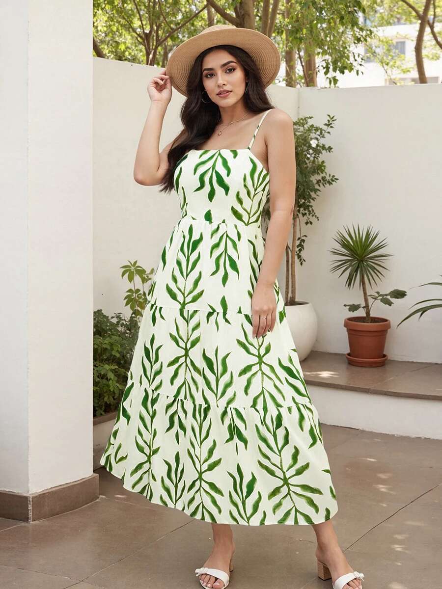 Floral Print Sleeveless Maxi Dress with Square Neckline and Tiered Ruffle Hem Backless A-line Cami Dress for Women