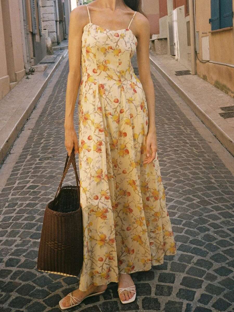 Womens Summer Long Cami Dress Floral Dot Print Sleeveless Spaghetti Strap a Line Dress