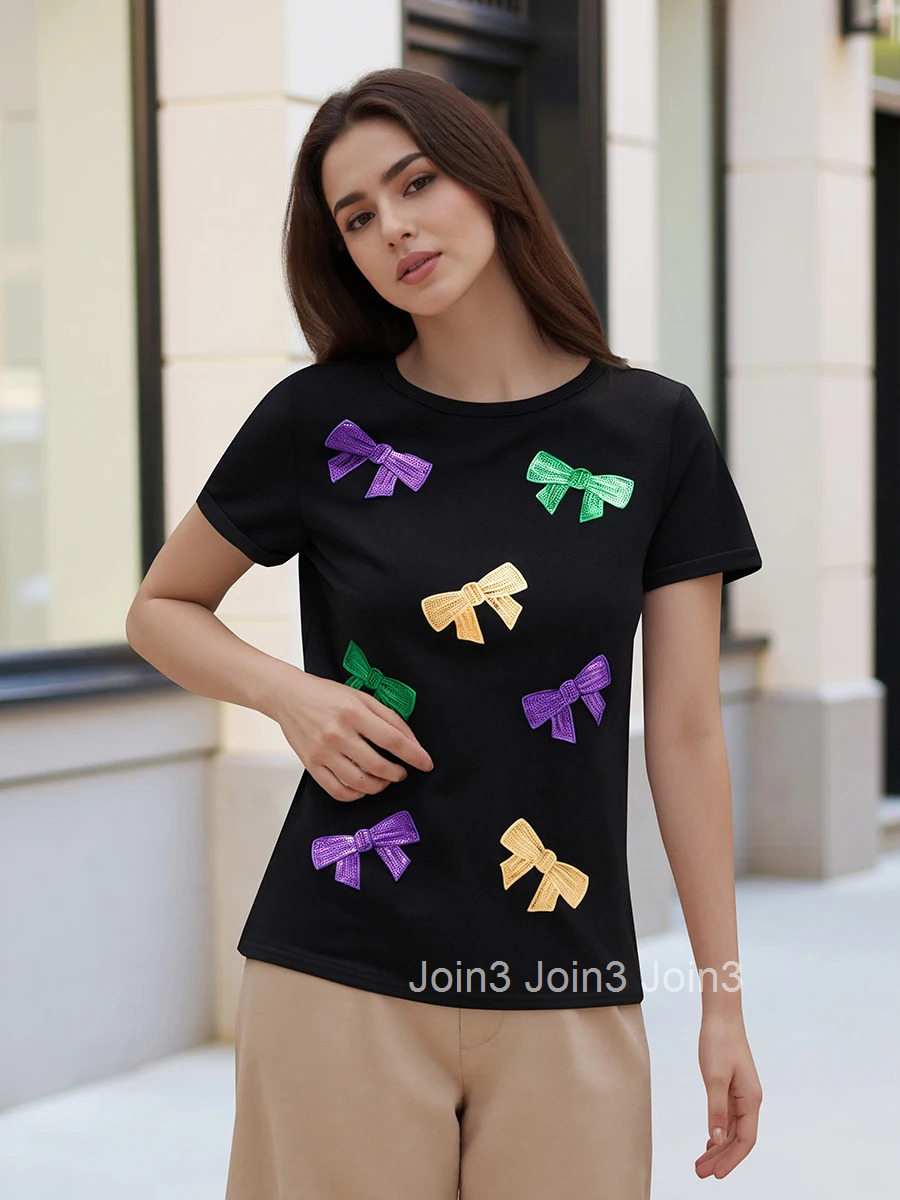 Womens Stylish Summer Short Sleeve Round Neck Sequins Embellished Loose Fit T-shirt with Bow Detail