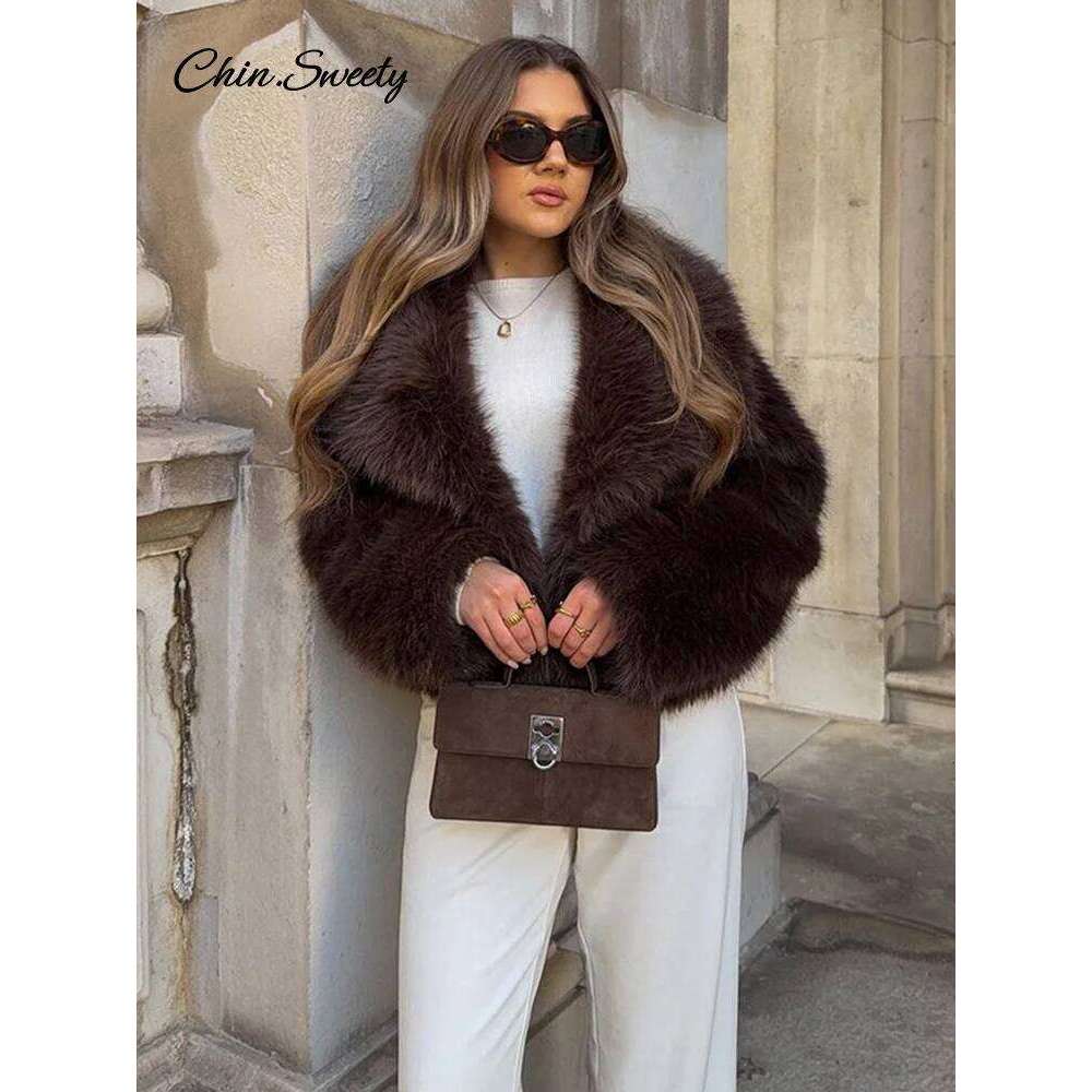 Brown Lapel Faux Fur Short Coat Women Fluffy Long Sleeve Warm Thick Loose Jacket 2024 Autumn Winter Lady High Street Outwear luanyun