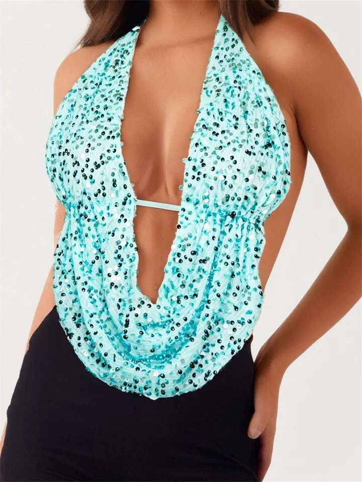 Womens Sparkling Sequins Halter Neck Tie-up Backless Tank Top Sleeveless Vest for Summer Streetwear Fashion