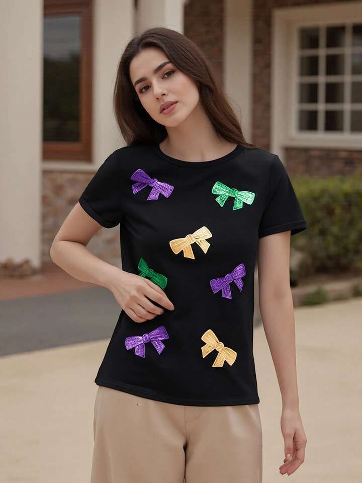 Womens Stylish Summer Short Sleeve Round Neck Sequins Embellished Loose Fit T-shirt with Bow Detail