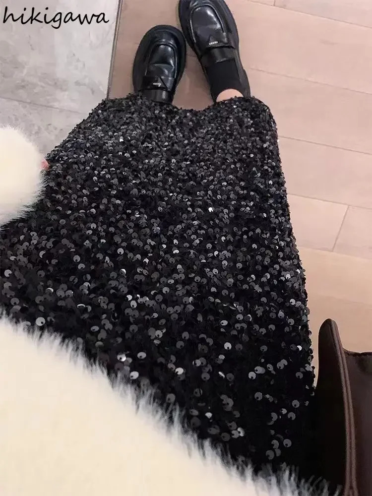 Temperament Jupe Fashion Velvet Black Skirts for Women 2025 Faldas Mujer De Moda High Waist Chic Saia Sequin Bodycon Split Skirt 250529