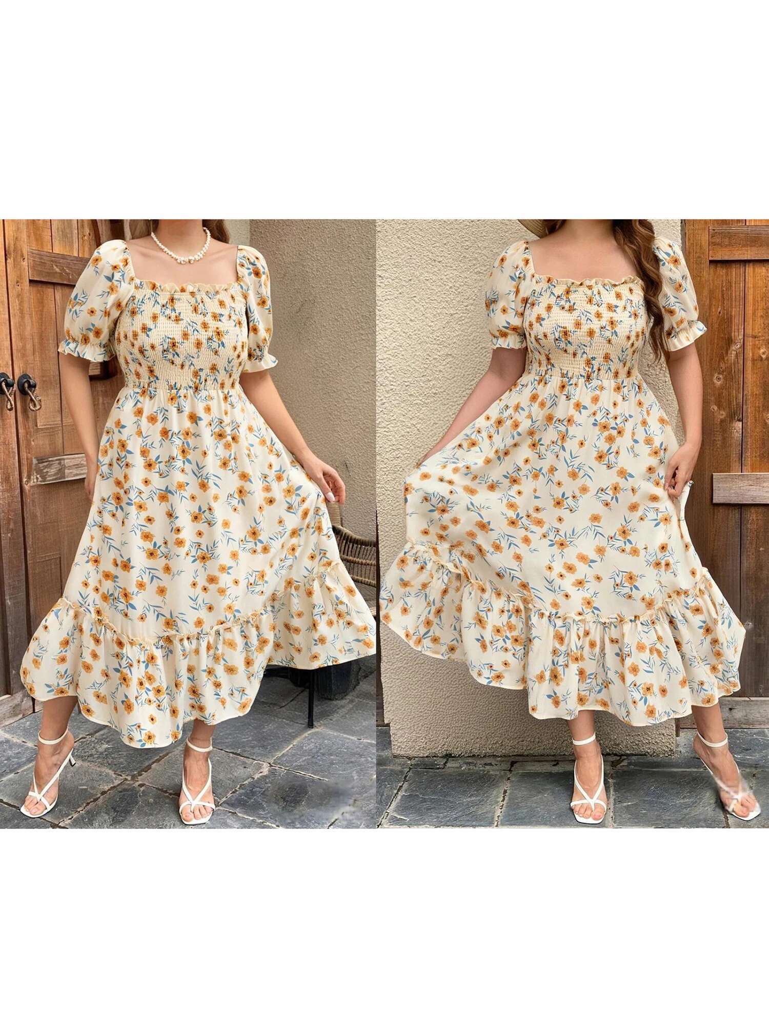 Elegant Plus Size Maxi Dress with V-neck and Ruffle Sleeves Perfect for Summer Parties and Special Occasions