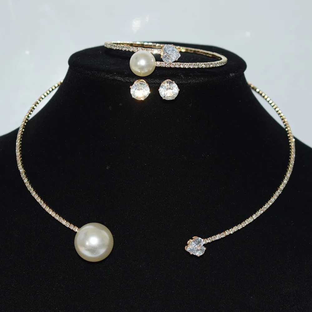 4PCS Set Luxury Heart Crystal Zircon Collar Necklace Stud Earring for Women New Trendy Pearl Bangle Choker Jewelry Gift Z250607