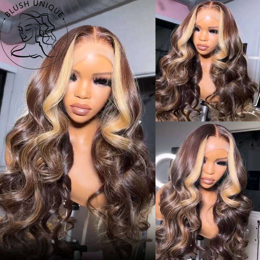 NAMM Chocolate Brown Skunk Stripe Wig Honey Blonde Body Wave Lace Front Highlight Synthetic Glueless Wigs For Women