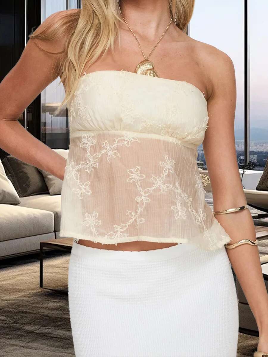 Womens Sexy Mesh Crop Tube Top Off-shoulder Bandeau Tbackless Shirt for Summer Streetwear Fashionistas