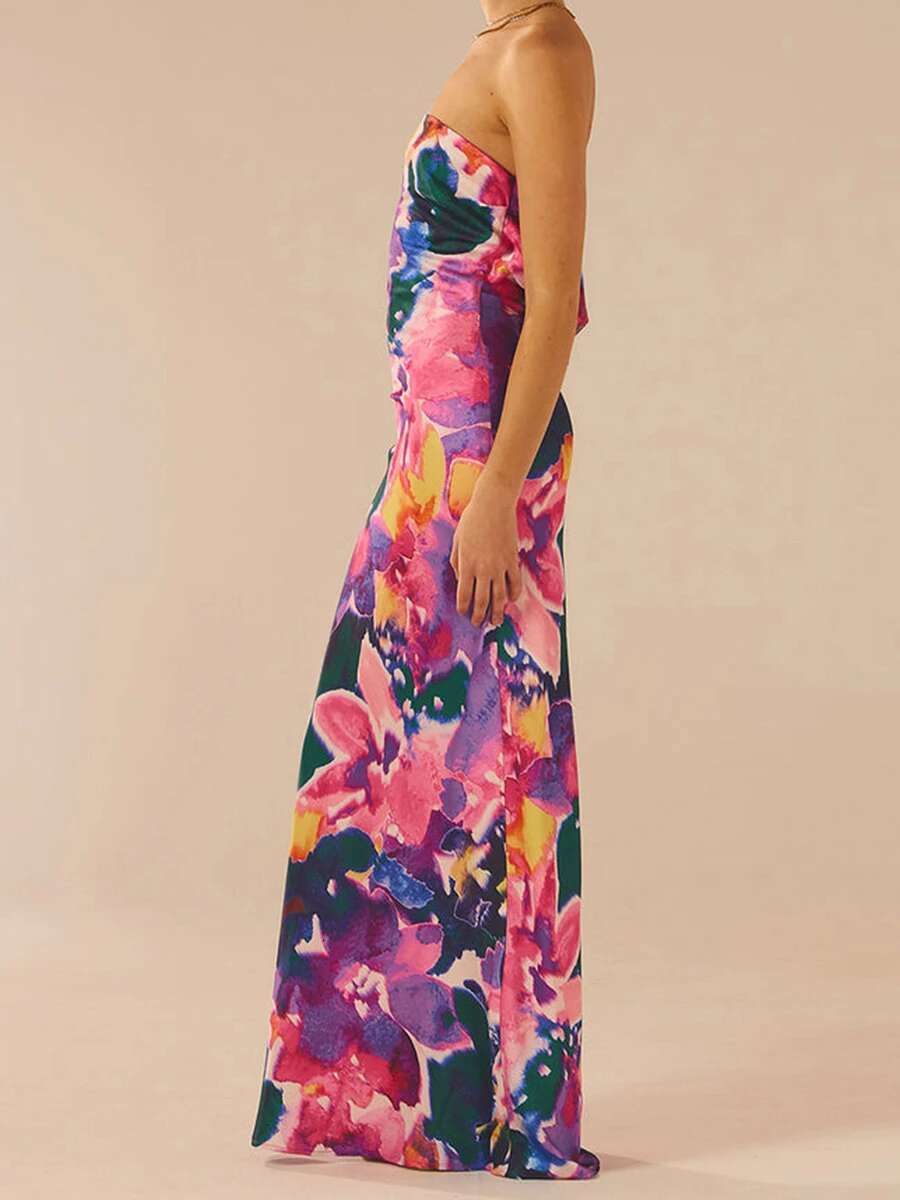 Elegant Off-shoulder Maxi Dress with Boho Floral Print and Lace-up Back Detail for Summer Wedding or Vacation Beach Party Wear