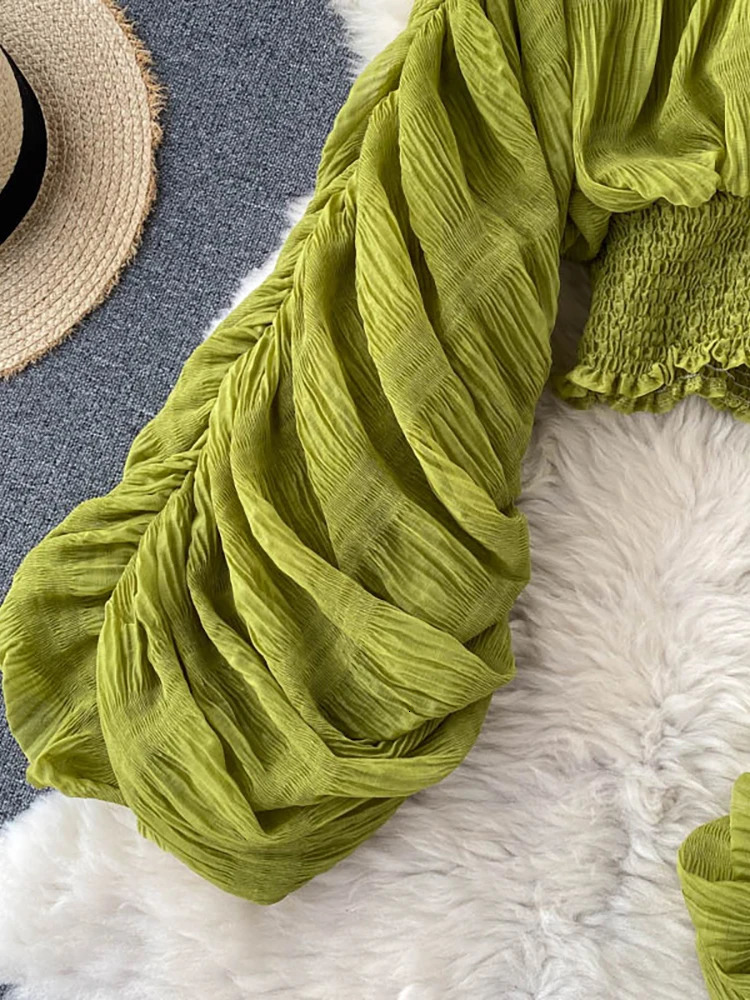 Summer Sexy Draped Chiffon Blouse For Women Elegant V-Neck Puff Long Sleeve Short Tops Female Slim Party Shirts Fashion 250605