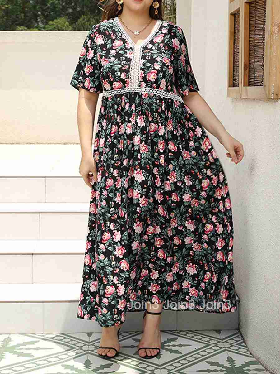 Women Plus Size Dress Boho Style Sleeveless Maxi Dress with Floral Print V-neckline for Summer Beach Holiday Casual Wear